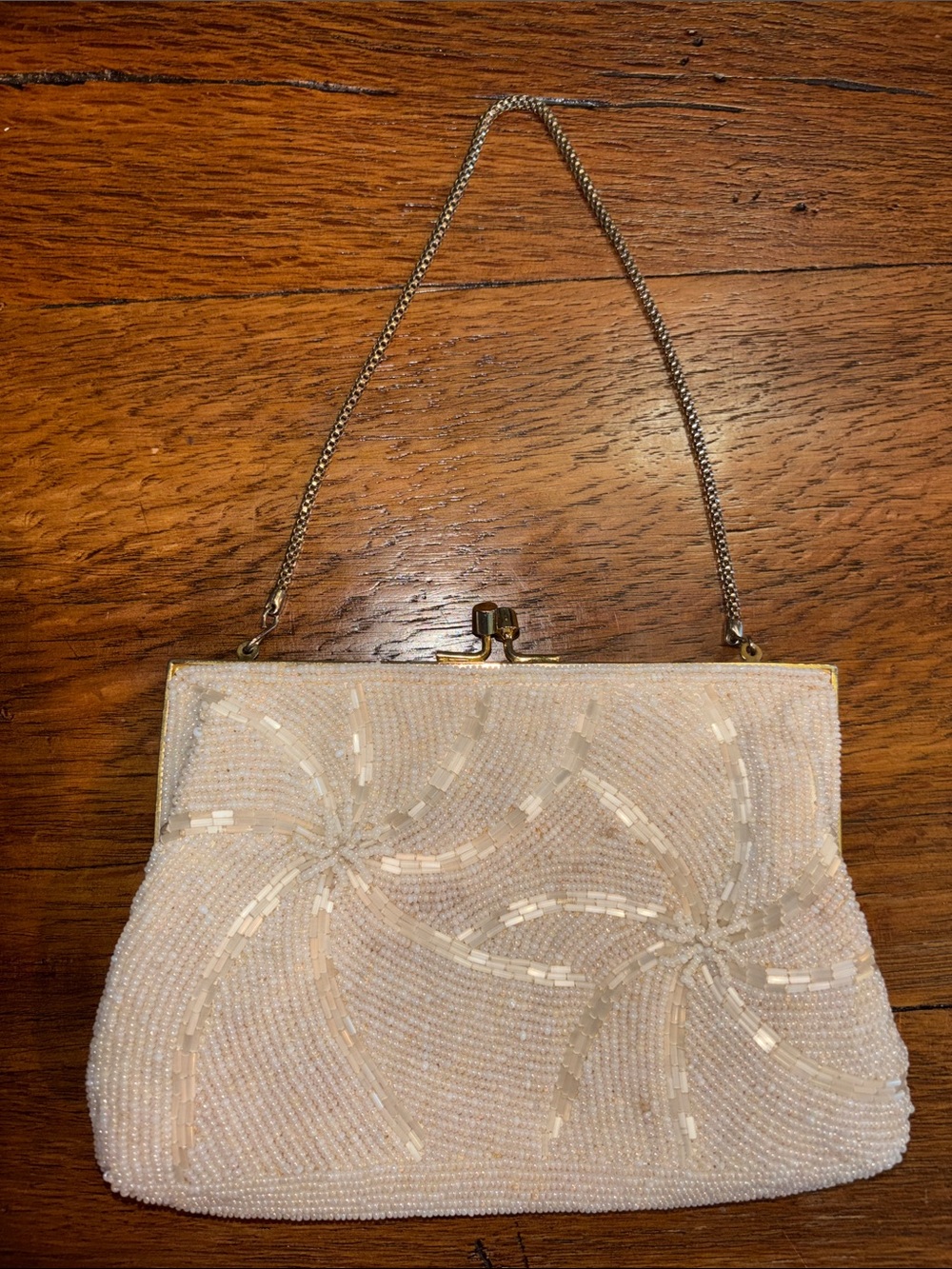 Vintage Elegant Ivory Beaded Evening Clutch with Chain